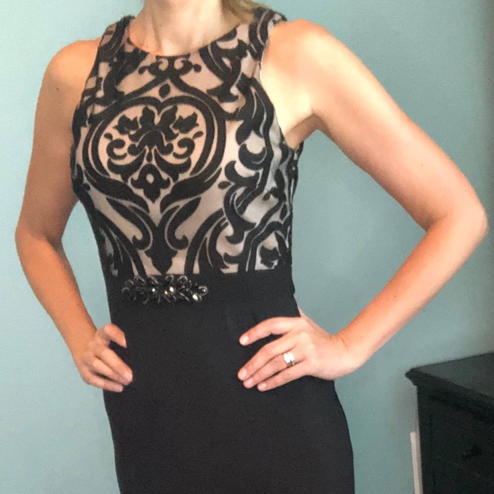 Xscape Black and Nude Long Gown